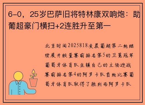 6-0，25岁巴萨旧将特林康双响炮：助葡超豪门横扫+2连胜升至第一