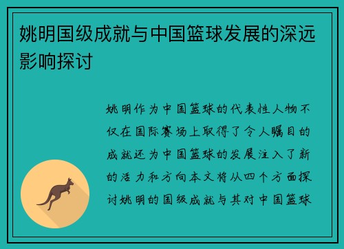 姚明国级成就与中国篮球发展的深远影响探讨